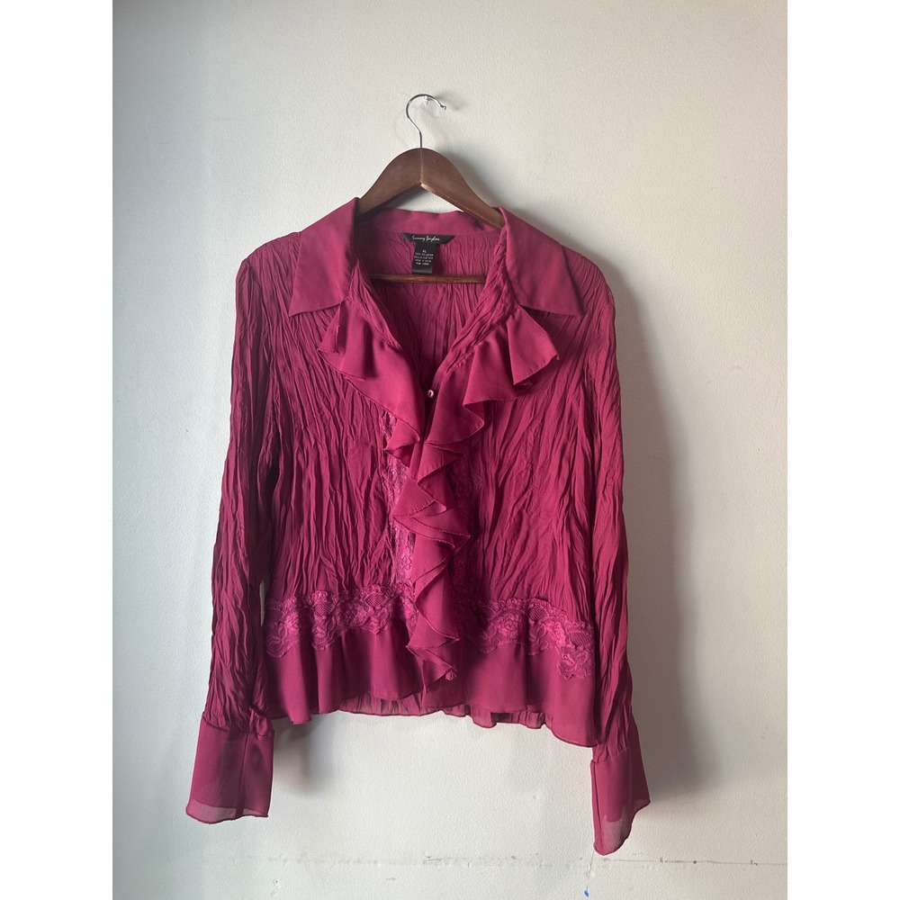 Sunny Taylor Magenta Crinkle Ruffle Lace Blouse XL Long Sleeve Y2K 90s